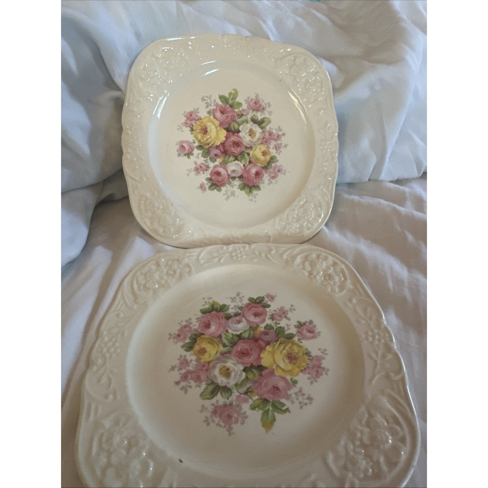 Vintage Edwin Knowles China Co Hostess 7" Dessert Plates Rose Bouquet Set Of 2